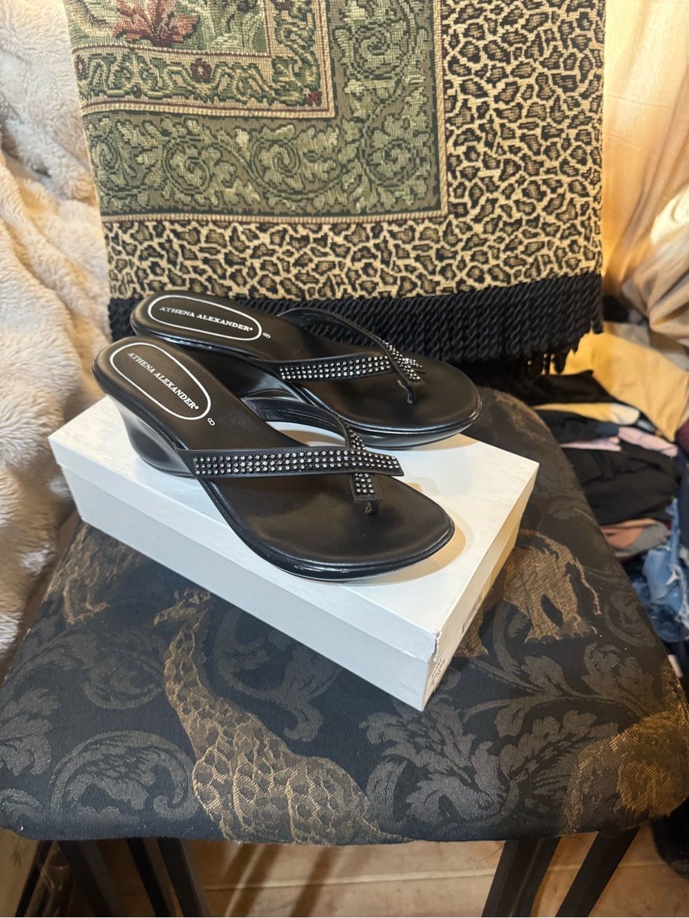 Athena Alexander Black Wedge Thong Sandals with Rhinestone Straps